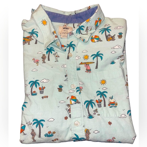 Men’s Vans Casual Button Down Shirt Tropical Beach Cartoon Print Vintage Medium - Picture 8 of 8